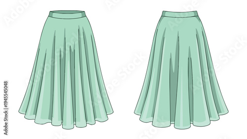 Elegant mint green midi skirt fashion illustration showing front and back views a versatile apparel item perfect for various occasions and styles.