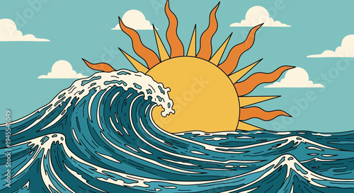 Retro Sun Shining Over Crashing Ocean Wave, Vintage Style Illustration