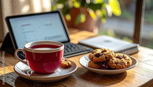 Cup of tea and cookies on table with laptop and window background; work break