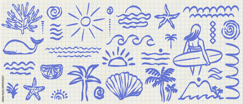 Naklejka premium Hand drawn doodle beach surf vector illustration set. Tropical naive coastal elements. Palm trees, waves, starfish, woman surfer or sun. Summer ornament design for t-shirt, poster and placard prints.