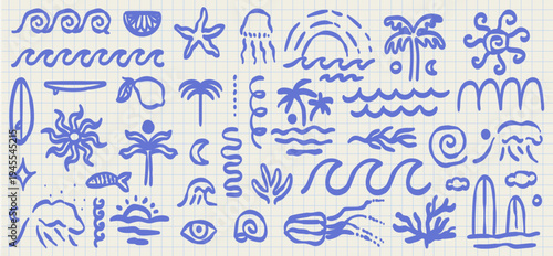 Hand drawn doodle beach and surf vector illustration set. Tropical naive coastal elements like palm trees, waves, surfboards, and sun perfect for summer designs, t-shirts, posters, and placard prints.