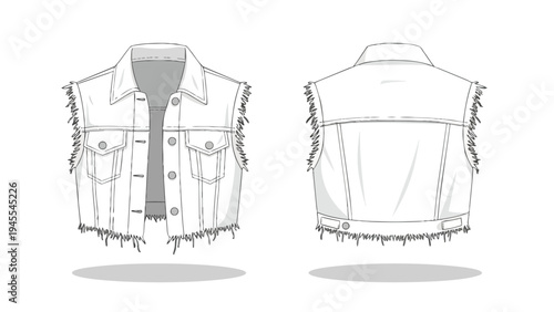 Fashion technical sketch of a trendy sleeveless denim vest with distressed fringe detailing front and back view
