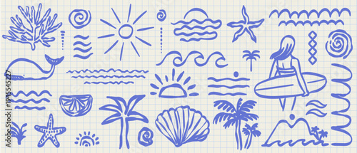 Hand drawn doodle beach surf vector illustration set. Tropical naive coastal elements. Palm trees, waves, starfish, woman surfer or sun. Summer ornament design for t-shirt, poster and placard prints.