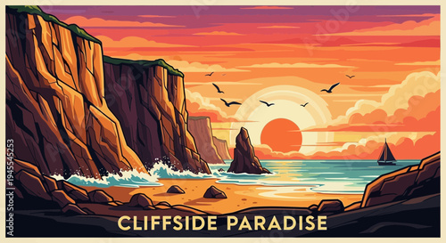 Cliffside Paradise Sunset: Coastal Cliffs, Ocean Waves, Sailboat, and Birds at Dusk