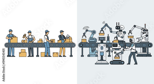 Flat 2D illustration of workers in an industrial setting with automation and AI replacing traditional jobs on a production line