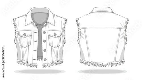 Detailed technical flat drawing of a fringed denim vest, front and back views for fashion design