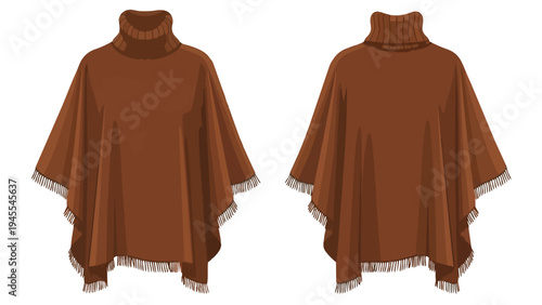 Stylish autumnal brown turtleneck poncho with elegant fringe detailing front and back view