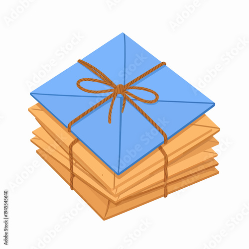 Arranged stack of light‑brown papers tied with a thin ribbon, topped by a blue square sheet secured with a bow, photographed from a top‑down perspective on a plain white background