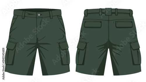 Versatile forest green cargo shorts flat lay showcasing detailed front and back views, perfect for outdoor adventures and comfortable casual wear