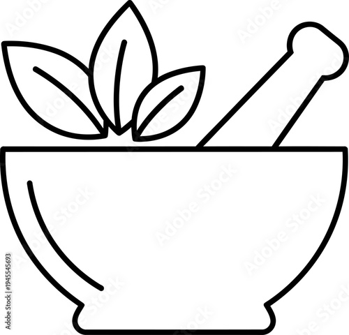 Mortar and pestle with leaves icon, herbal medicine preparation, organic remedy symbol, natural medicine, botanical leaves