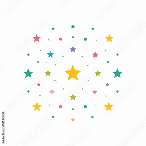 A festive celebration of pastel stars on a white canvas, showcasing whimsy and joy with a central bright yellow star and colorful vivid color companions, viewed from a flat graphic perspective