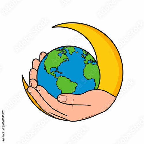 Peaceful protective hand cradling the blue Earth beneath a warm crescent moon, illustrated in a simple cartoon style from a centered viewpoint, emphasizing guardianship and harmony