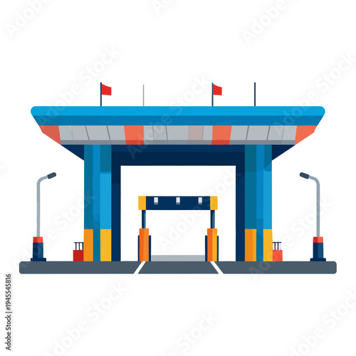 Illustrated view of a vibrant cartoon toll booth with blue roof and orange accents, featuring red flags, streetlights, and barrier arm, captured from a frontal perspective in a white studio setting