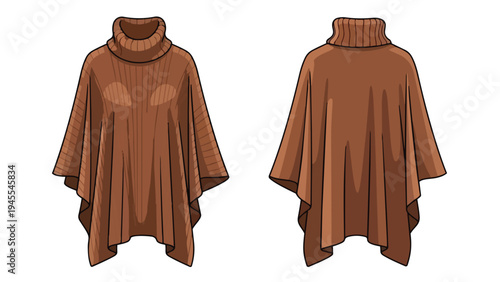 Cozy brown turtleneck poncho design, offering both front and back views for fashion illustration.