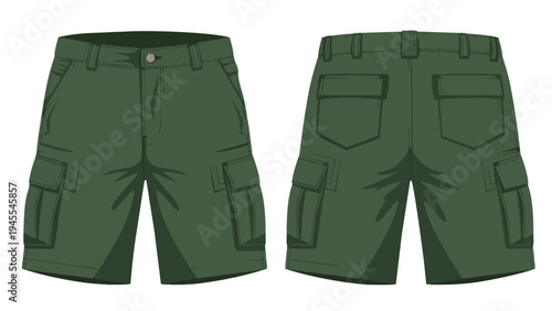 Practical and versatile deep green cargo shorts, front and back presentation for casual wear