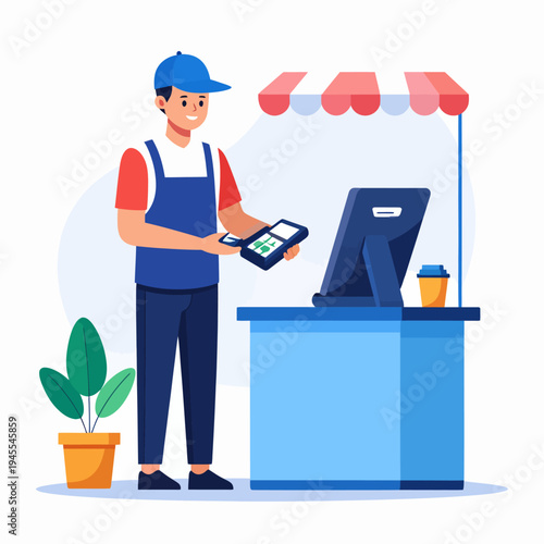 Cartoon illustration of a smiling man behind a light blue counter using a handheld payment device, with a coffee cup and potted plant, viewed from a frontal perspective in a retail kiosk setting