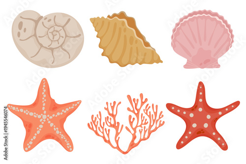 Flat vector illustration set with seashells, starfish and coral. Marine beach elements isolated for summer vacation, ocean themes, coastal design and seaside graphics