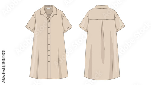 Technical sketch of a women's beige short-sleeve collared shirt dress, front and back