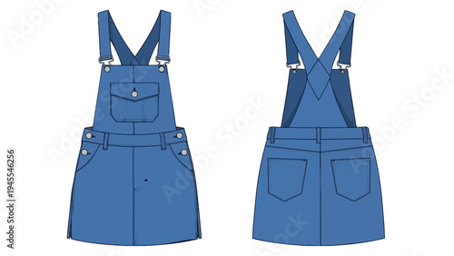 A detailed vector illustration of a contemporary denim overall dress, showcasing both its front and back views with clear design elements for