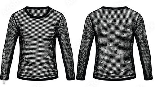 Detailed front and back views of a contemporary black fishnet long-sleeve top, highlighting its intricate mesh weave and modern apparel design for