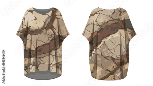 Contemporary t-shirt graphic featuring a complex, abstract cracked earth pattern in natural earthy tones, shown from both front and back perspectives.