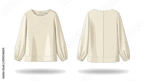Stylish cream long-sleeve blouse technical drawing, showing both front and back apparel design perspectives