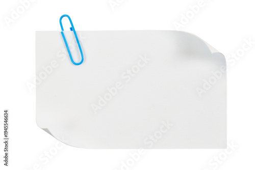 blank note paper with curled up edges and blue paperclip isolatedd on white or transparent png