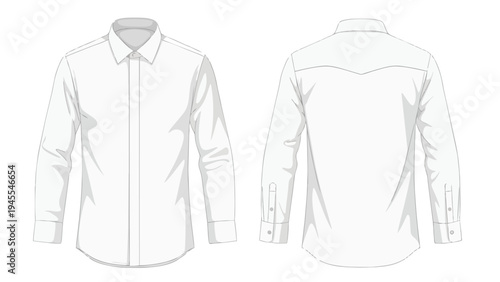 A comprehensive vector illustration of a men's timeless long-sleeve collared shirt front and back views ideal for diverse fashion design applications