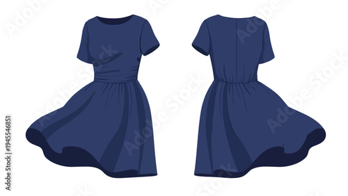 Sophisticated navy blue short-sleeve dress illustration showing front and back views, ideal for fashion design, clothing templates, and textile