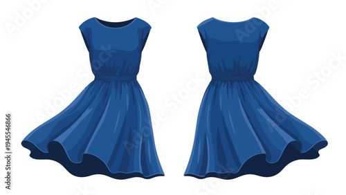 A detailed graphic illustration showcasing the front and back of a beautiful flowing indigo blue dress with a cinched waist and pleated skirt. Ideal