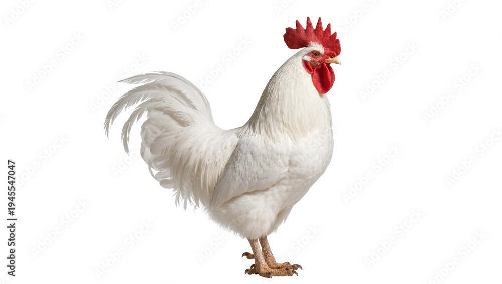 Fototapeta premium Isolated majestic white rooster standing tall and proud, a beautiful farm poultry animal