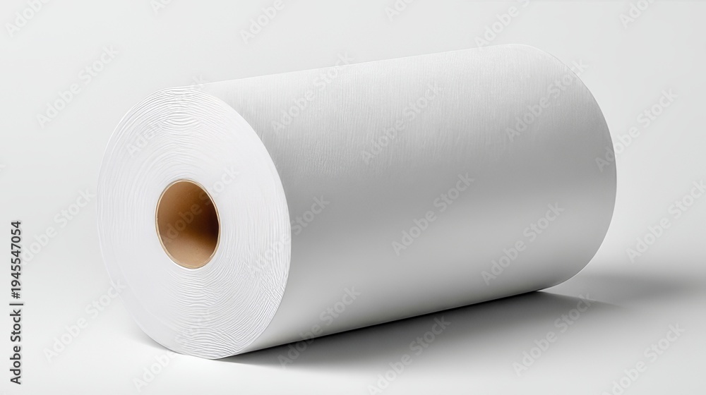 Fototapeta premium White Industrial Roll of Plastic or Paper Material, Close-Up View for Packaging, Printing, and Manufacturing Use. Smooth Texture, Clean Background, Commercial Product Display