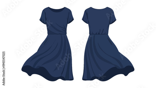 An elegant deep indigo short-sleeved dress, presented with both front and back views, showcasing its flowing skirt and comfortable silhouette on