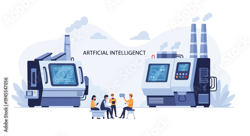 Flat 2D illustration of people discussing AI concept near industrial robots with screens and smokestacks, conveying a modern editorial theme.