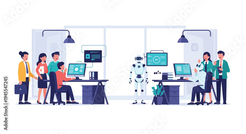 Flat 2D illustration of office workers interacting with a robot while working on computers in a modern workspace with a concept of automation replacing some jobs.