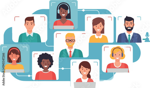Diverse group of people participating in a virtual meeting, showcasing online communication and collaboration for remote work