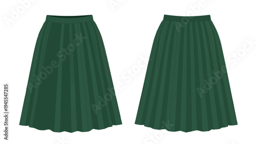 Vibrant emerald green midi pleated skirt front and back views showcased on a crisp white background offering a versatile elegant style for various