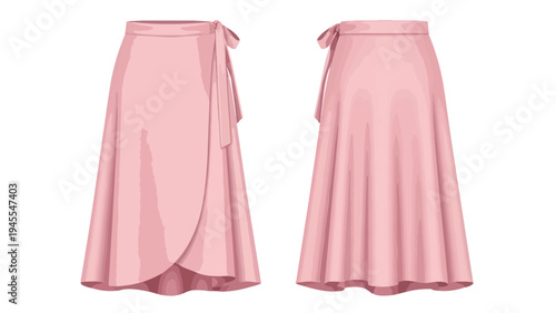 Graceful pink wrap midi skirt illustration showcasing elegant front and back views perfect for fashion design apparel displays and clothing product