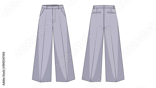Technical flat sketch illustrating modern wide-leg trousers, front and back views for fashion design and apparel production.