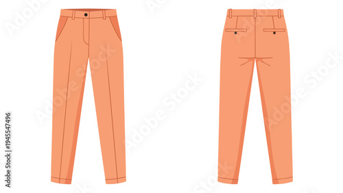 Vibrantly colored illustrated flat design representation of stylish peach-toned women's trousers showcasing both front and back views ideal for