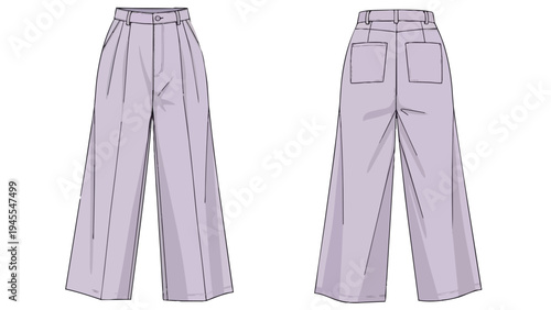 Elegant wide-leg trousers fashion flat sketch design featuring front pleats and back patch pockets for a contemporary comfortable apparel