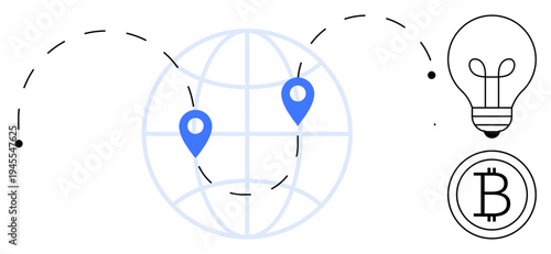 Cryptocurrency concept. Bitcoin illustrated with global connectivity and lightbulb to show innovative ideas. Cryptocurrency adoption through technology and global finance. Ideal for fintech