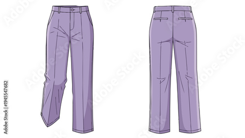Elegant purple trousers in a detailed fashion illustration, showing front and back views for garment design. Perfect for clothing pattern reference