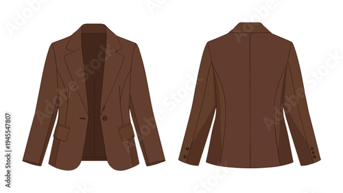 Professional women's tailored blazer illustration, front and back views, sophisticated brown outerwear design, versatile fashion element for
