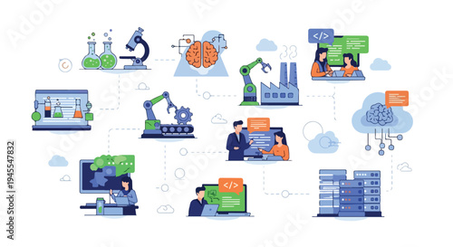 Flat 2D illustration of an AI-driven technology ecosystem with various industrial and digital elements in a vibrant, interconnected design.