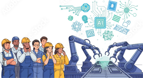 Flat 2D illustration of workers in hard hats and overalls standing beside robotic arms with AI and automation concept graphics floating above them on a white background.