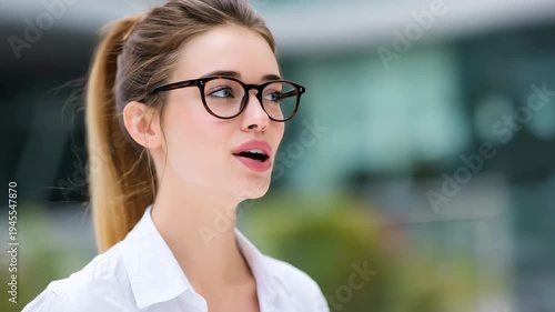 A young woman wearing stylish glasses smiles at the camera in an outdoor space filled with greenery. It is a clear, sunny day, creating a cheerful atmosphere.