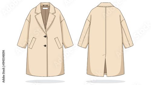 Detailed technical flat sketch illustration featuring a chic oversized beige winter coat, presenting both front and back views ideal for fashion