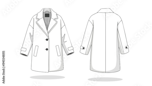 Technical fashion illustration of a timeless single-breasted outerwear garment, providing detailed front and back views of a classic long coat