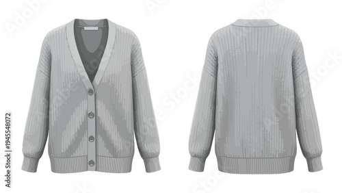 Modern grey knitted cardigan vector illustration. Shows front and back. Features V-neck, buttons, ribbed cuffs. Essential for fashion design,